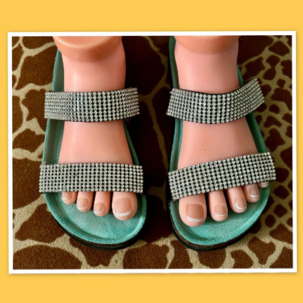 Muk Luks Women’s Teal Blue Black Rhinestone Strap Slides
